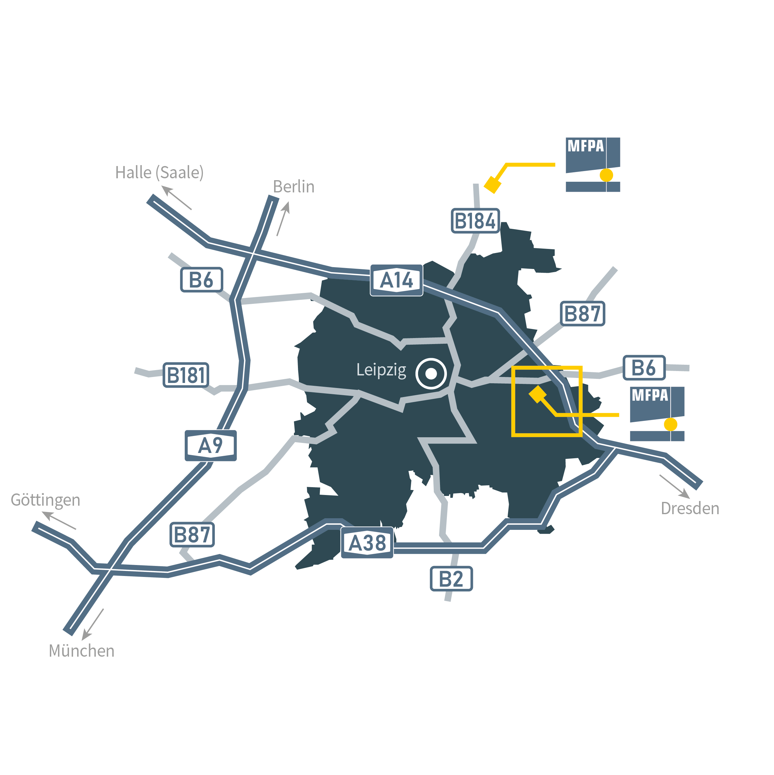 Illustrierte Skizze des Gro&szlig;raums Leipzig zur Markierung der MFPA Standorte