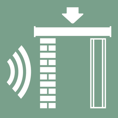 Illustration von Schallschutz mit Schallwellen an einer Wand sowie einer Last die auf einen Träger auf die Wand drückt