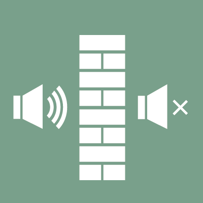 Illustration zur Darstellung des Schallschutzes mit einer Wand in der Matte und 2 Lautsprechern die auf der einen Seite Geräusche abgeben und auf der anderen Seite lautlos sind