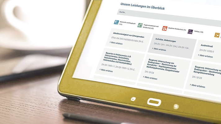 Darstellung des Startbildes des MFPA Leistungsfinders auf einem Tablet