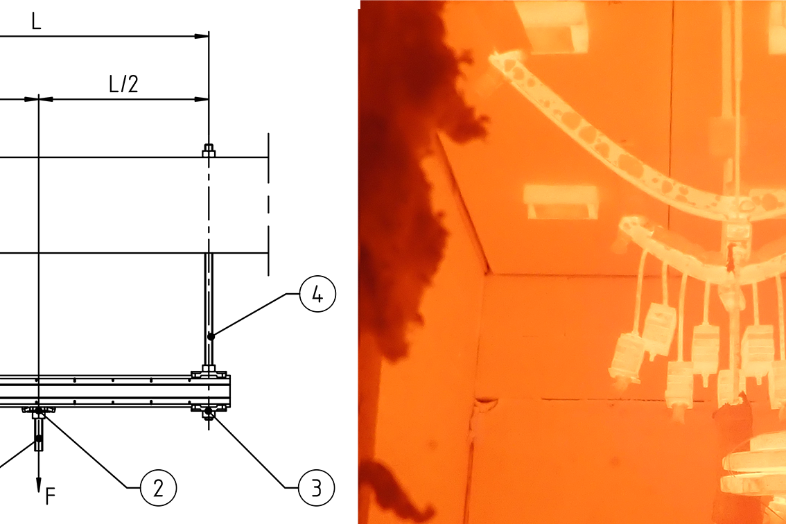 Gegenueberstellung Foto während Brandprüfung und technische Zeichnung der Prüfkörper