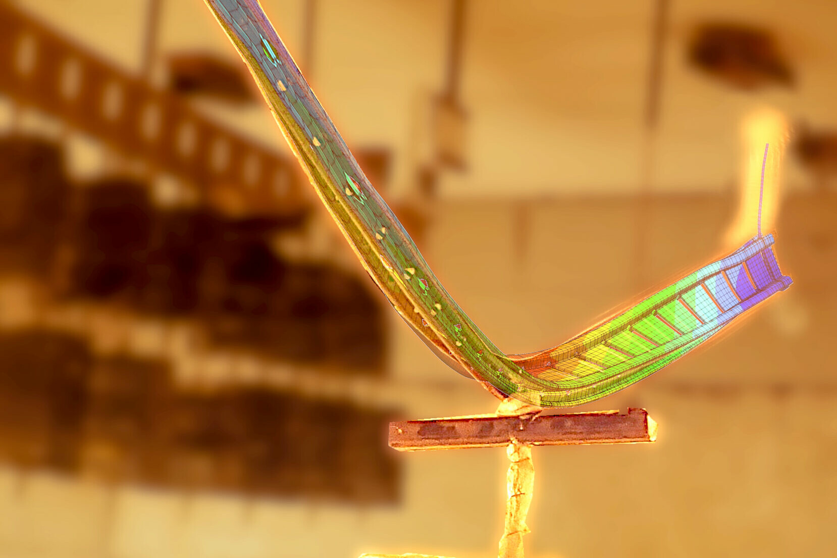 Kombination eines Fotos zum Brandversuch mit Montagesystemen und einem FEM Modell