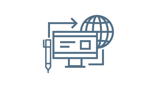 Illustration eines Computerbildschirms, um den sich ein Stift und eine Weltkugel befinden