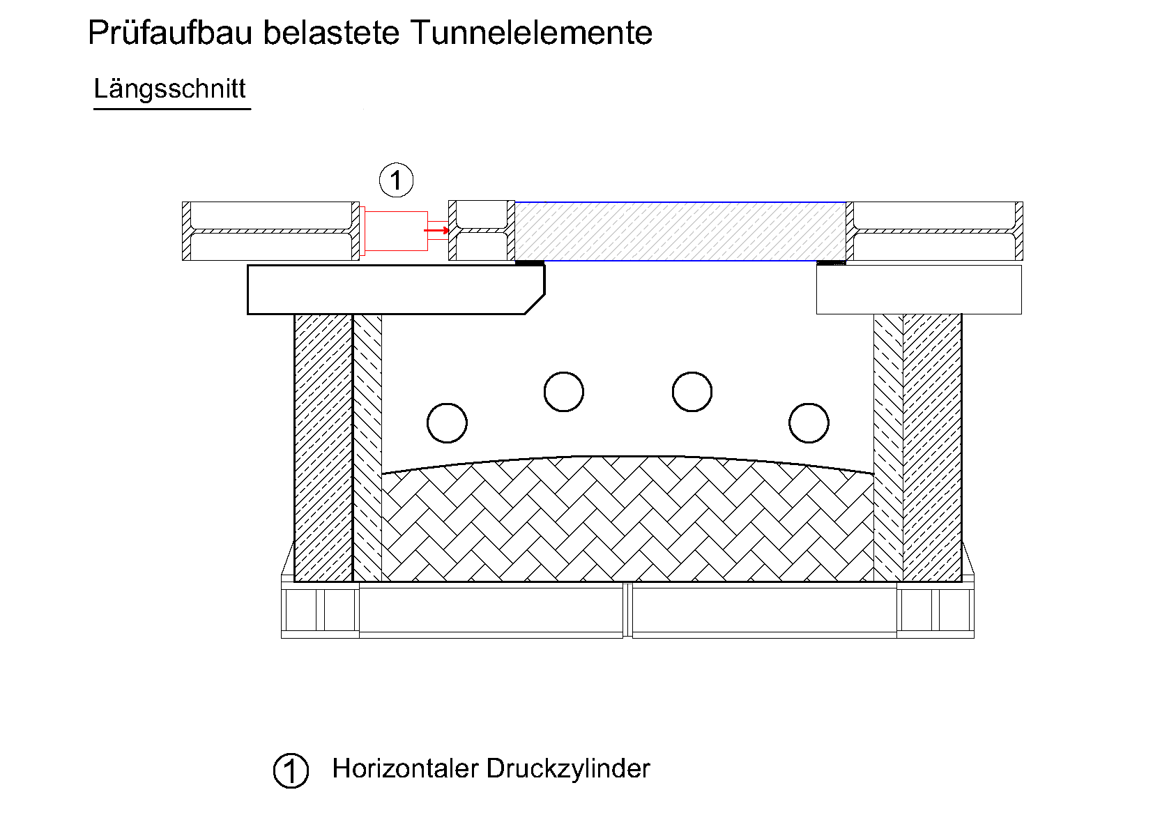 Längsschnitt des Prüfaufbaus belasteter Tunnelelement zum Einbau im Prüfofen mit horizontaler Belastung