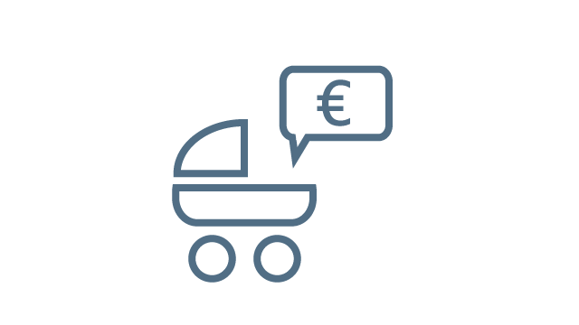 Darstellung eines Icons zum Kinderbetreuungszuschuss in Form eines Kinderwagens und einer Blase mit einem Eurosymbol