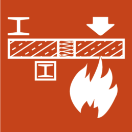 Icon der Arbeitsgruppe Feuerwiderstand von Sonderkonstruktionen aus dem Bereich des Brandschutzes in rot und weiß mit einer Flamme und Bauteilen