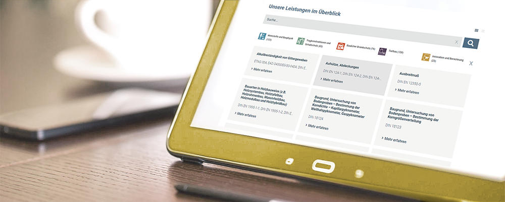 Darstellung des Startbildes des MFPA Leistungsfinders auf einem Tablet